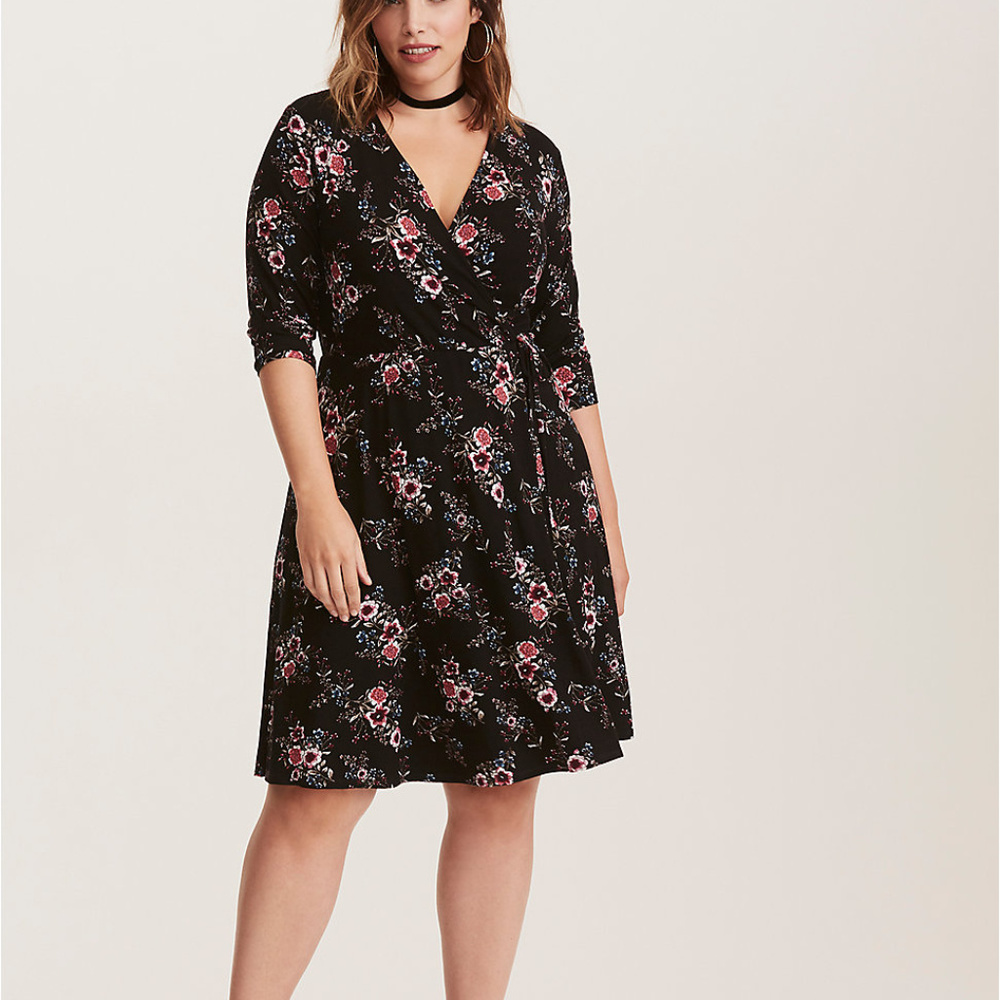Black Floral Wrap Dress with Pink Accents